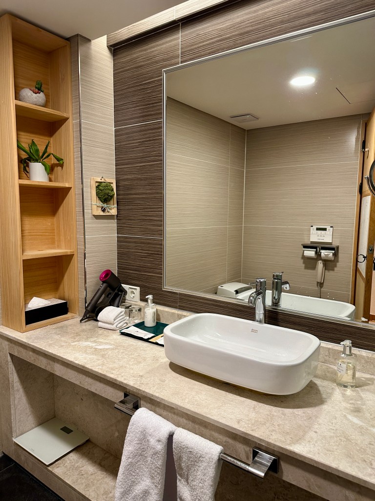 A modern bathroom with a large mirror, a sink, and a shelf containing a plant and toiletries at Gyeongwonjae by Walkerhill.